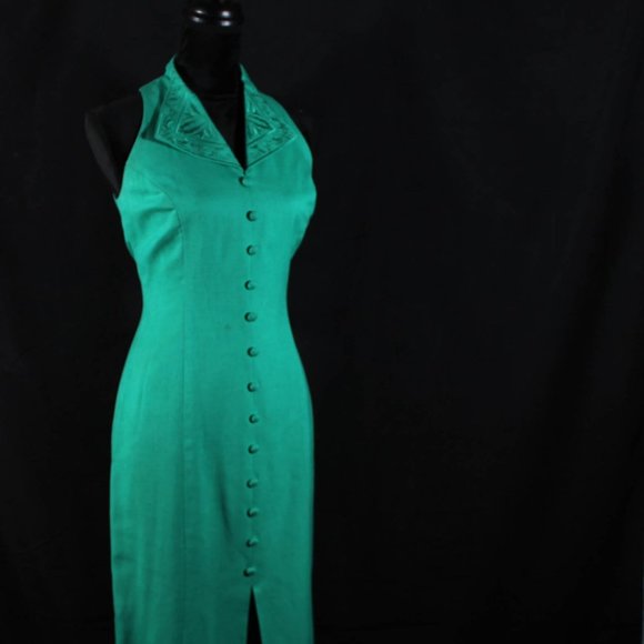 Vintage 1990s Ann Tobias Spring Green Linen Sheath Dress Detail Embroidery - Picture 2 of 12